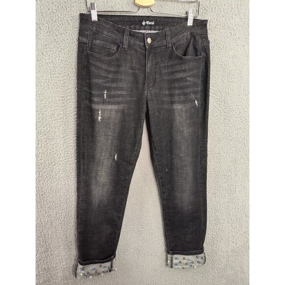 Vocal Jeans Waist 32 Tapered Distressed Jewel Bling Roll Cuff Black Denim - Picture 1 of 9